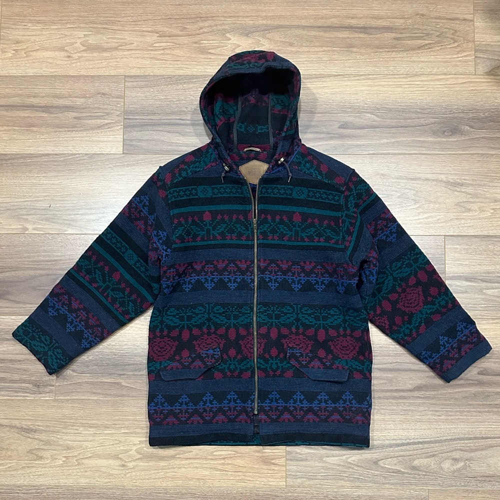 Woolrich Vintage Wool Blend Hooded Jacket Aztec Design Black/Teal/Maroon Medium